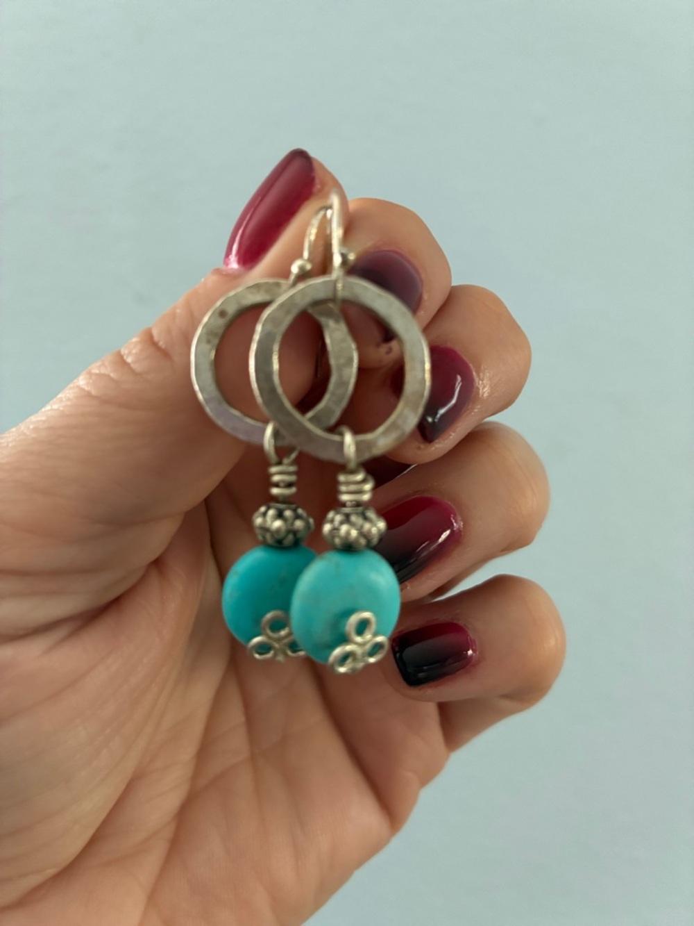 Handmade Turquoise Bead Silver Hoop Drop Earrings